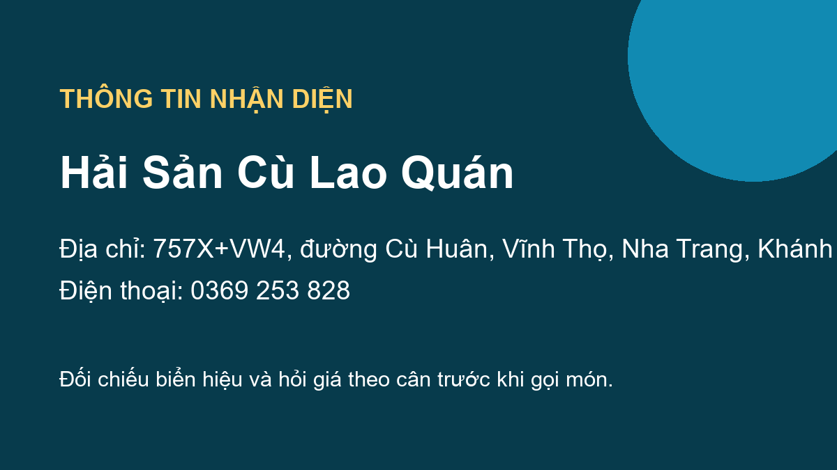 Thông tin nhận diện Hải Sản Cù Lao Quán Nha Trang