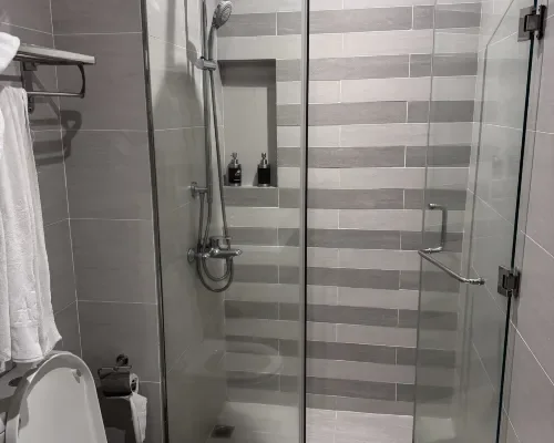 Phòng tắm có buồng tắm kính tại Areca Hotel Nha Trang