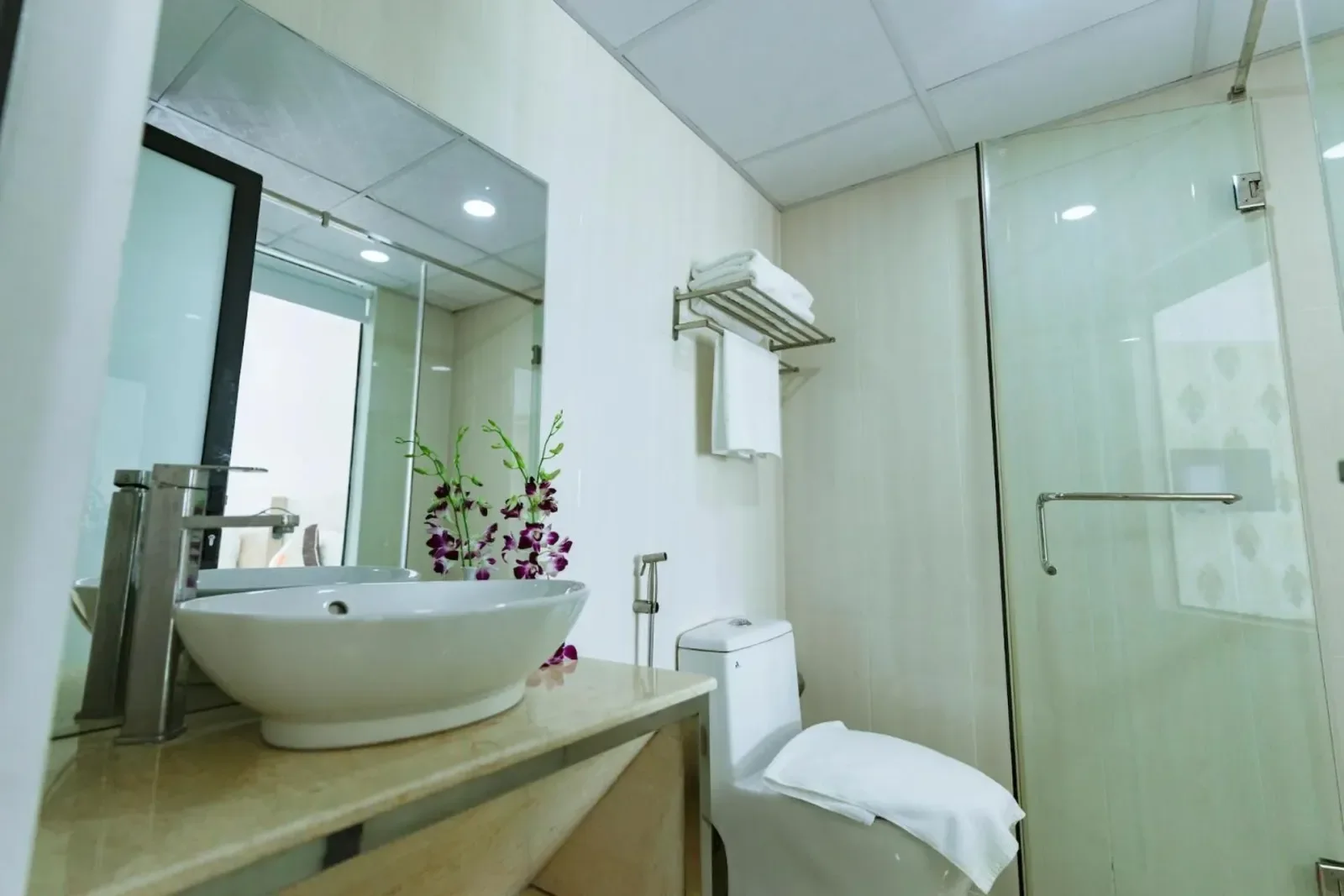 Phòng tắm có buồng tắm kính tại Napoleon Nha Trang Hotel